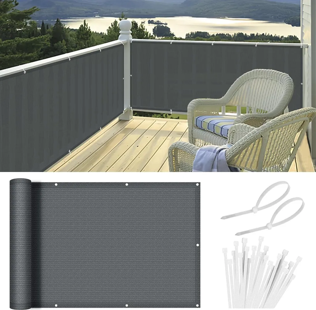 Brise-vue balcon 90x300cm HDPE gris clair résistant UV et vent robuste