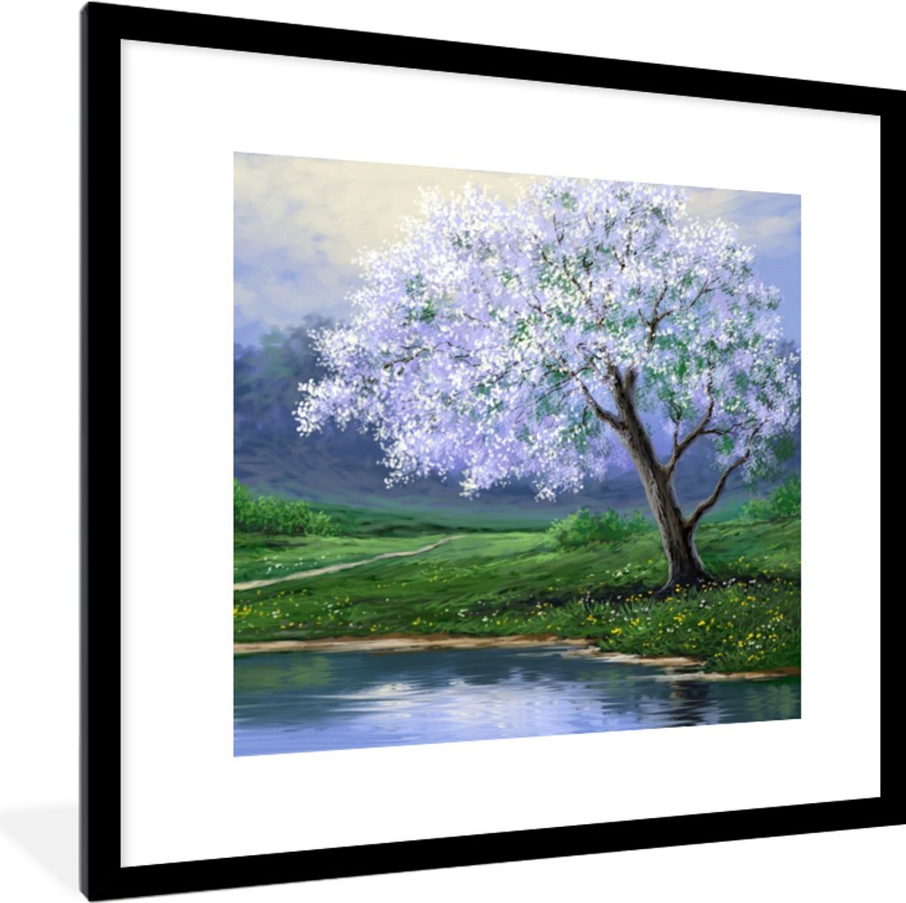 MuchoWow Gerahmtes Poster Malerei - Baum - Blüte - Natur - Wasser 40x40 cm - Poster mit Schwarzem Bilderrahmen Wandposter Rahmen Foto Bilder - P...