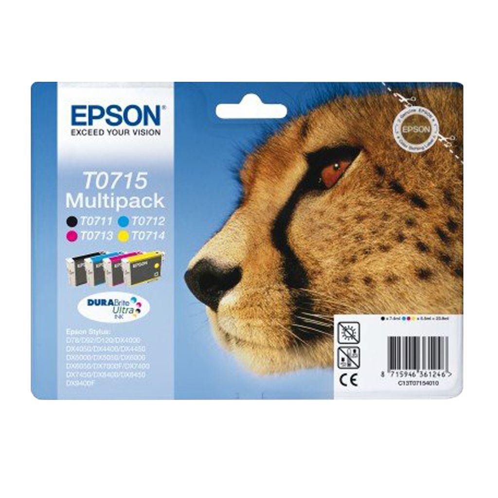 The image shows the packaging of an Epson T0715 multipack of ink cartridges, featuring a close-up of a cheetah's face.