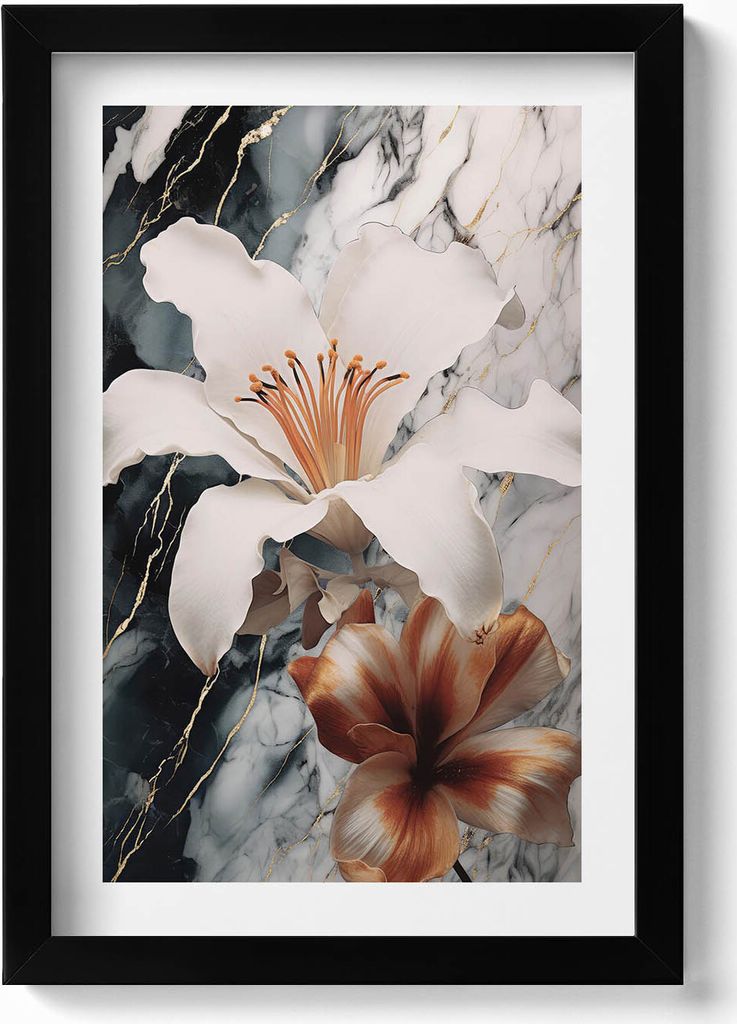 Marmorkomposition mit Blumen– Wandbild mit Rahmen – Gerahmtes Bild – Wanddekoration – 20x30 cm – Schwarz