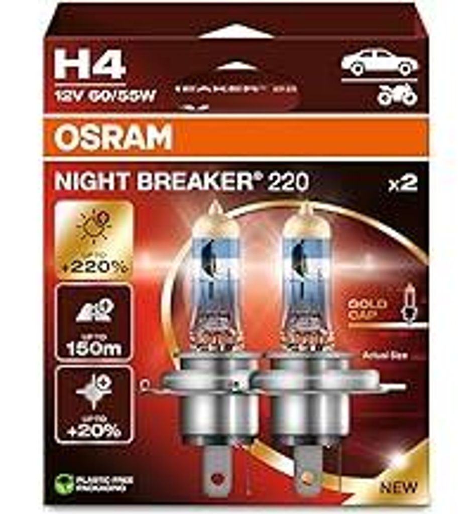 Osram NIGHT BREAKER 220, H4, +220% mehr Helligkeit, Halogen-Scheinwerferlampe, 64193NB220, Faltschachtel (2 Lampen), white