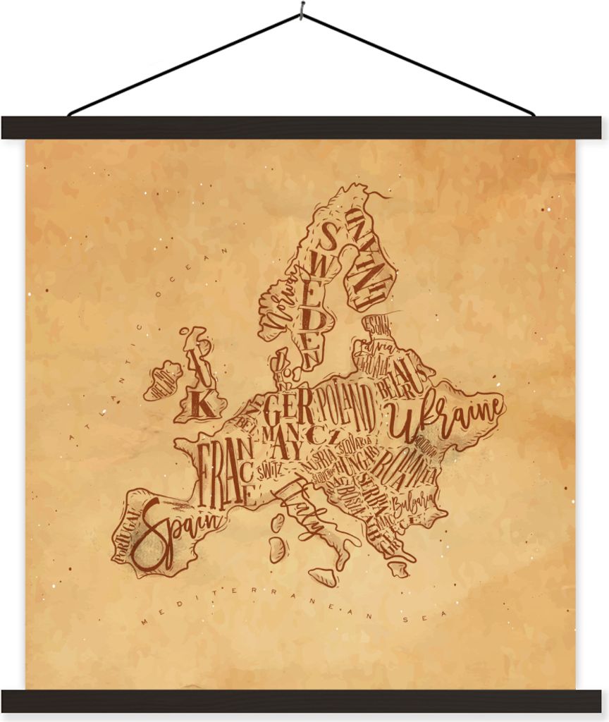 MuchoWow Textilposter Karte - Europa - Vintage - Braun 60x60 cm mit schwarzem Rahmen - Posteraufhänger