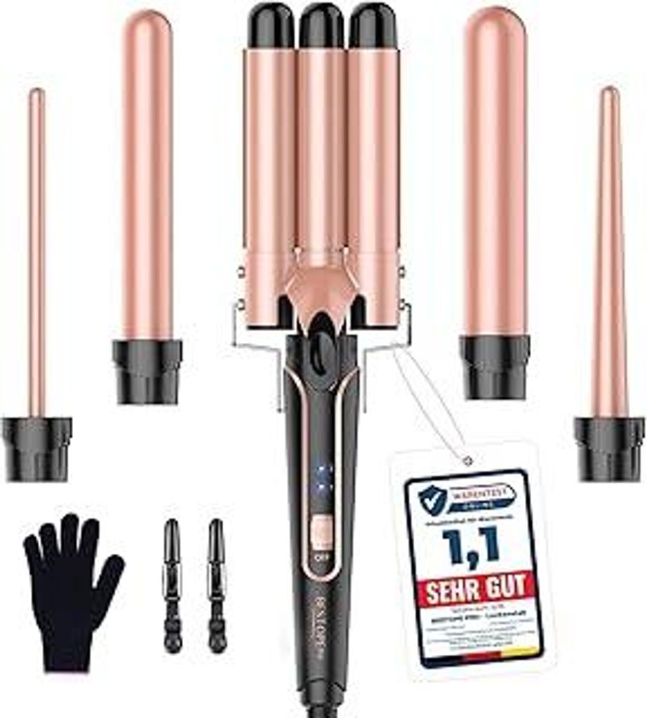 BESTOPE PRO Lockenstab Lockenstäbe 3 Fässer Welleneisen 5 in 1– Lockenstab Set 3 Fässer für großer Wellen, Temperatureinstellung, Schnellauf...
