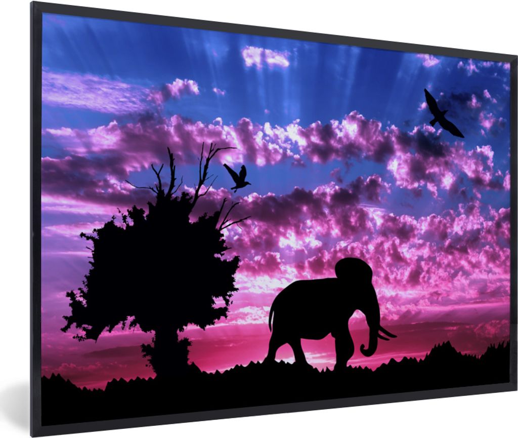 MuchoWow MuchoWow Gerahmtes Poster Elefant - Vogel - Baum 90x60 cm - Poster mit zchwarzem Bilderrahmen - Fotorahmen - Foto-Plakat