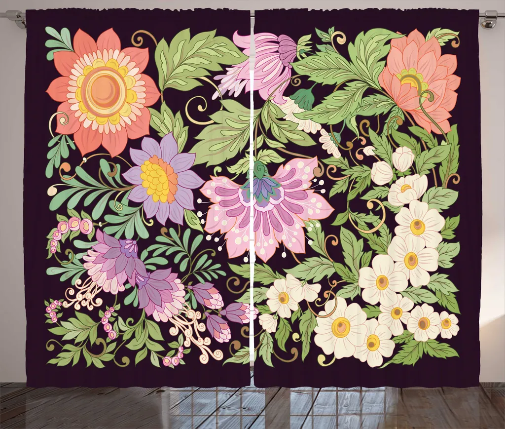 Rideaux Fleurs Épanouies Vintage Marron avec Crochets et Boucles 280cm