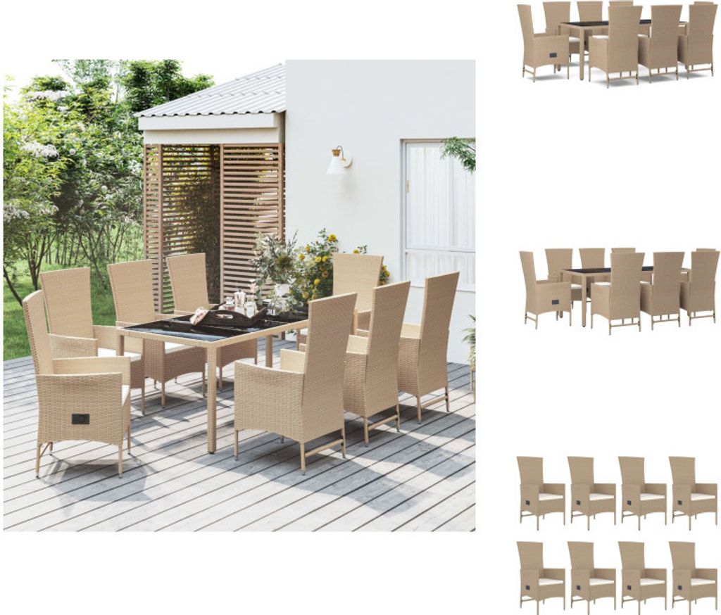 vidaXL 9-tlg. Garten-Essgruppe mit Kissen Beige Poly Rattan - Gartenstühle