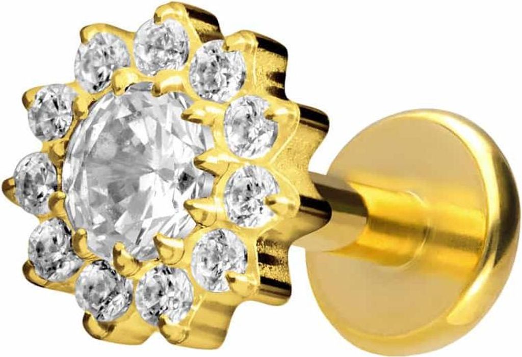 Ohrpiercing, Nasenpiercing Titan Labret mit Push Fit KRISTALLBLUME Gold Stablänge: 5mm | Stabstärke: 1,2mm