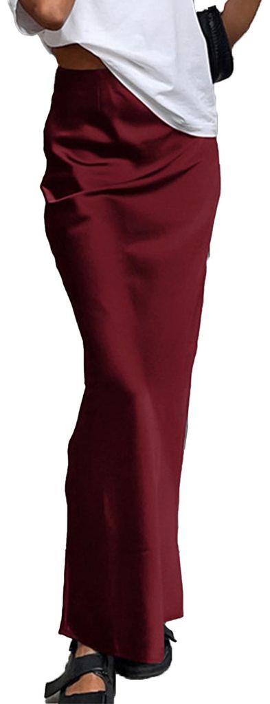 Damen-Bodycon-Maxirock, glatt, seidig, stilvoll, elegant, langer Meerjungfrauensaum, weinrot, Größe S, für Hochzeitsfeiern und festliche Anlässe