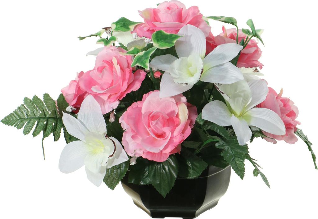 Louis Maes Kunstliche Blumen Orchidee/Rosen im Topf - Farben rosa/weis - 25 cm