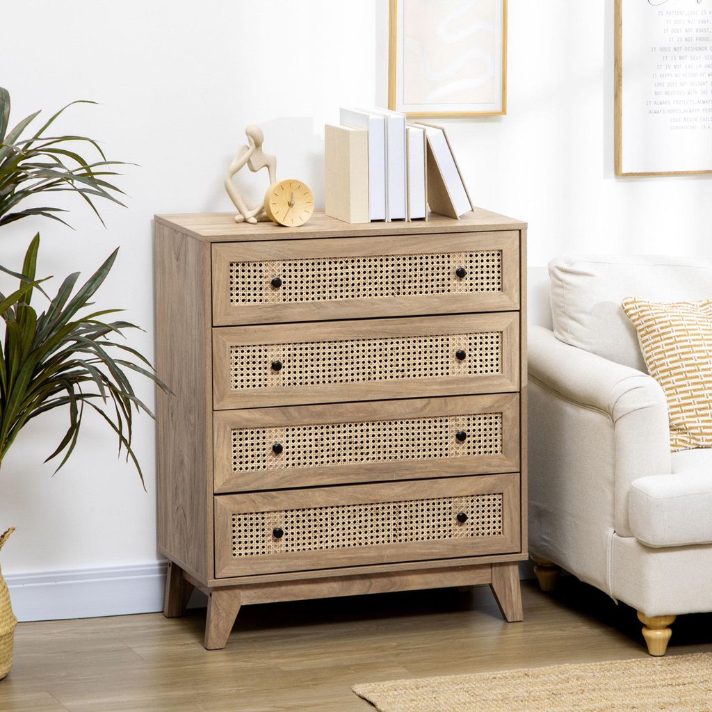 ZMH Nachttisch 4 Aufbewahrungseinheit Bettschrank Rattanoptik helles Holz 80 x 35 x 95 cm Fürs Wohnzimmer
