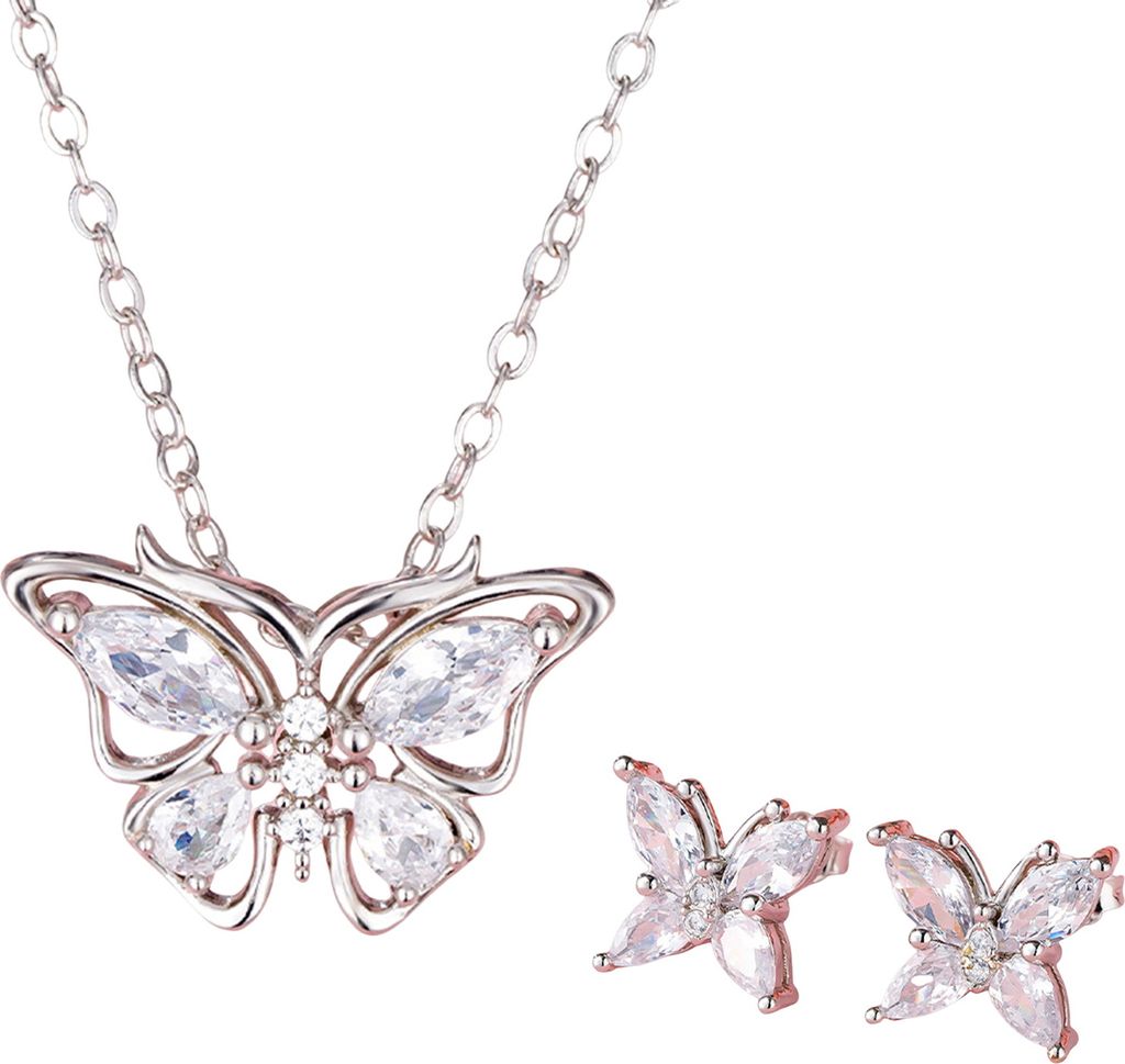 2 Teile/satz Halskette Ohrringe Set Glänzende Strass Schmetterlinge Form Anhänger Halskette Ohrstecker Set Schmuck Geschenk