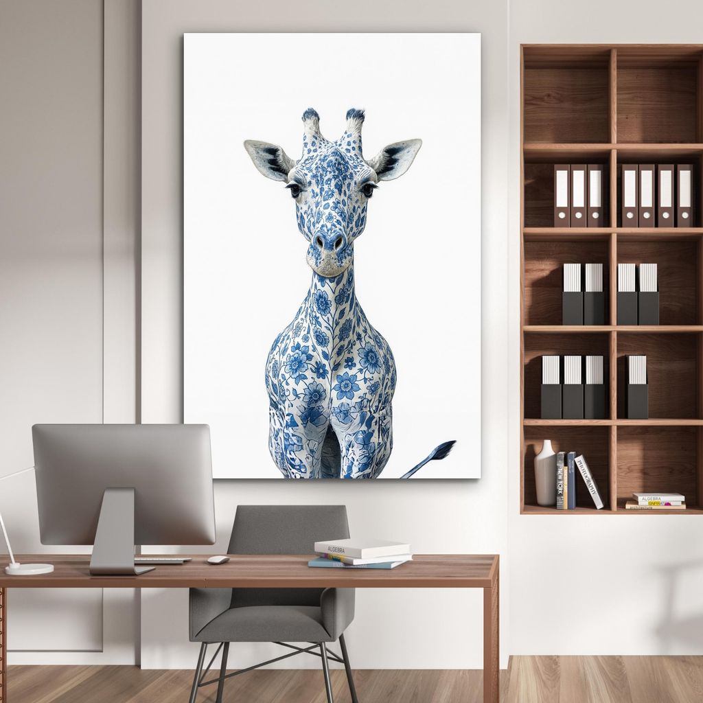 MuchoWow Wanddekoration Metall Metallbild Wandkunst 100x150 cm Giraffe - Delfter Blau - Tiere - Minimalistisch MuchoWow Aluminium Gemälde - Bild