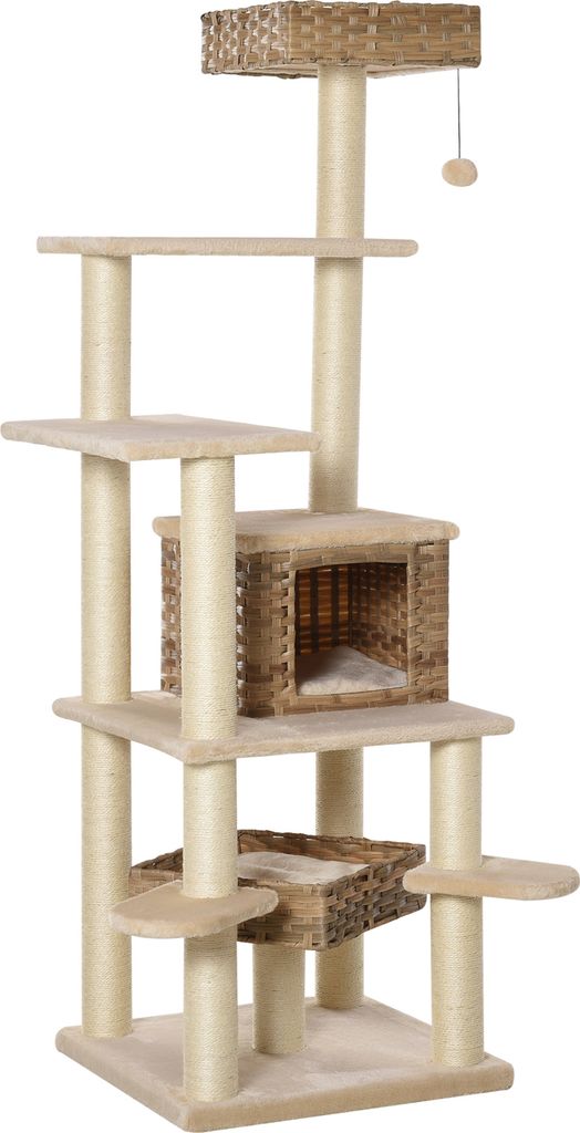 A multi-level cat tree with scratching posts, platforms, and enclosed cubbies.