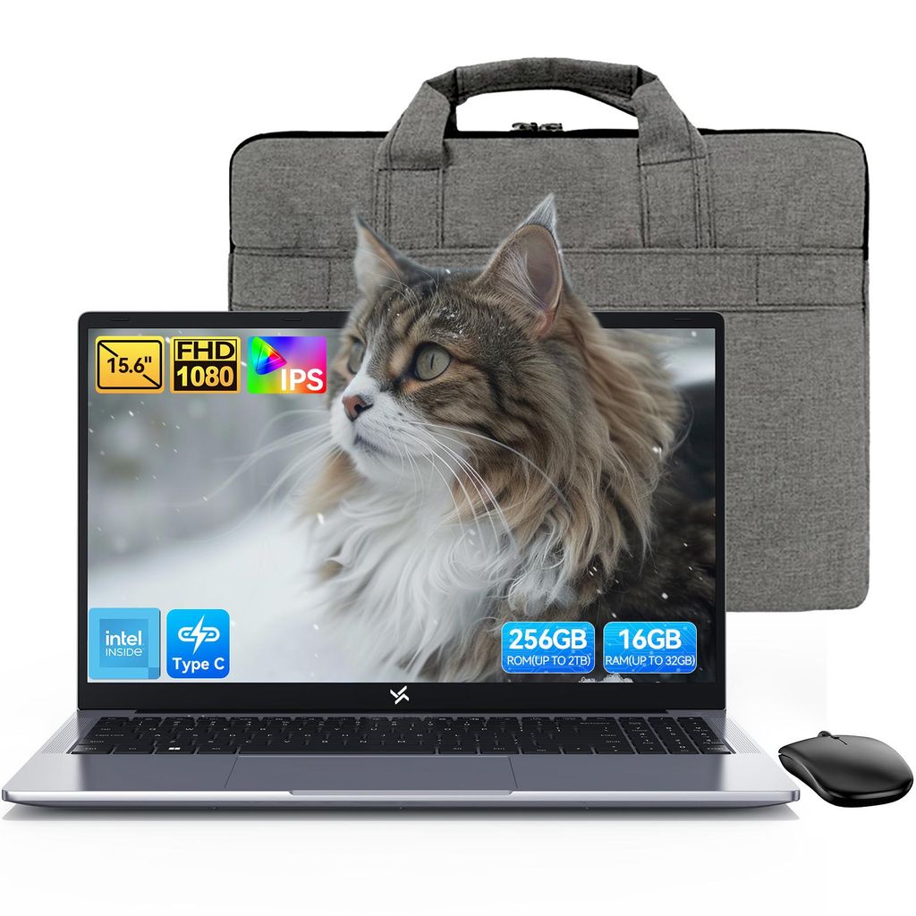 Blackview Huidun 15.6" Hibook6 FHD Set Laptop, Intel Twin Lake N150 Notebook 4x3.6Ghz, 16GB DDR4+256GB SSD/1TB, 180° drehbar, Tasche/Maus/Mauspad