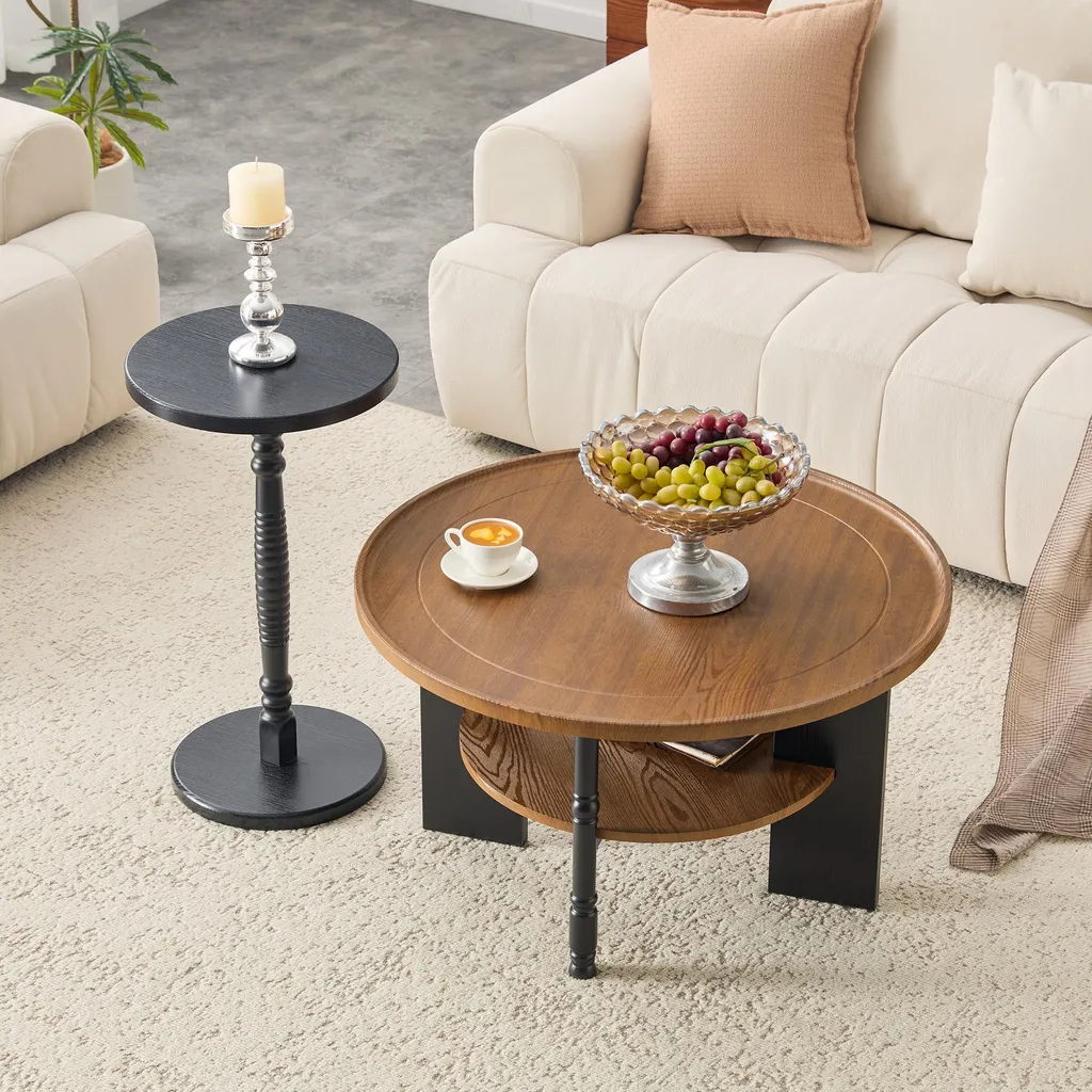 Table basse ronde 80cm avec rangement et table d'appoint en bois - 3