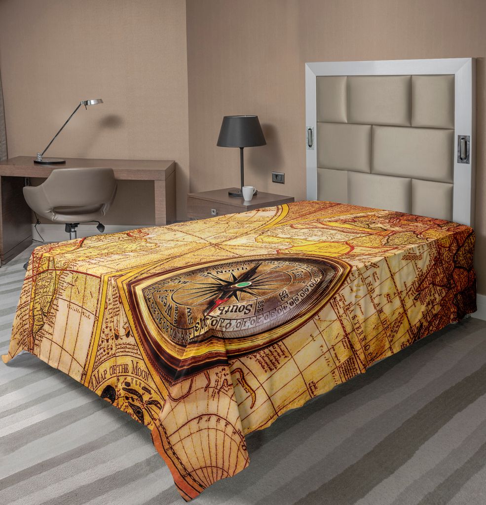 ABAKUHAUS Antiquität Bettlaken, Kompass auf einer alten Weltkarte historischen Grenzen Jahrhundert altes Thema, weiches bequemes oberes Bettlaken ...