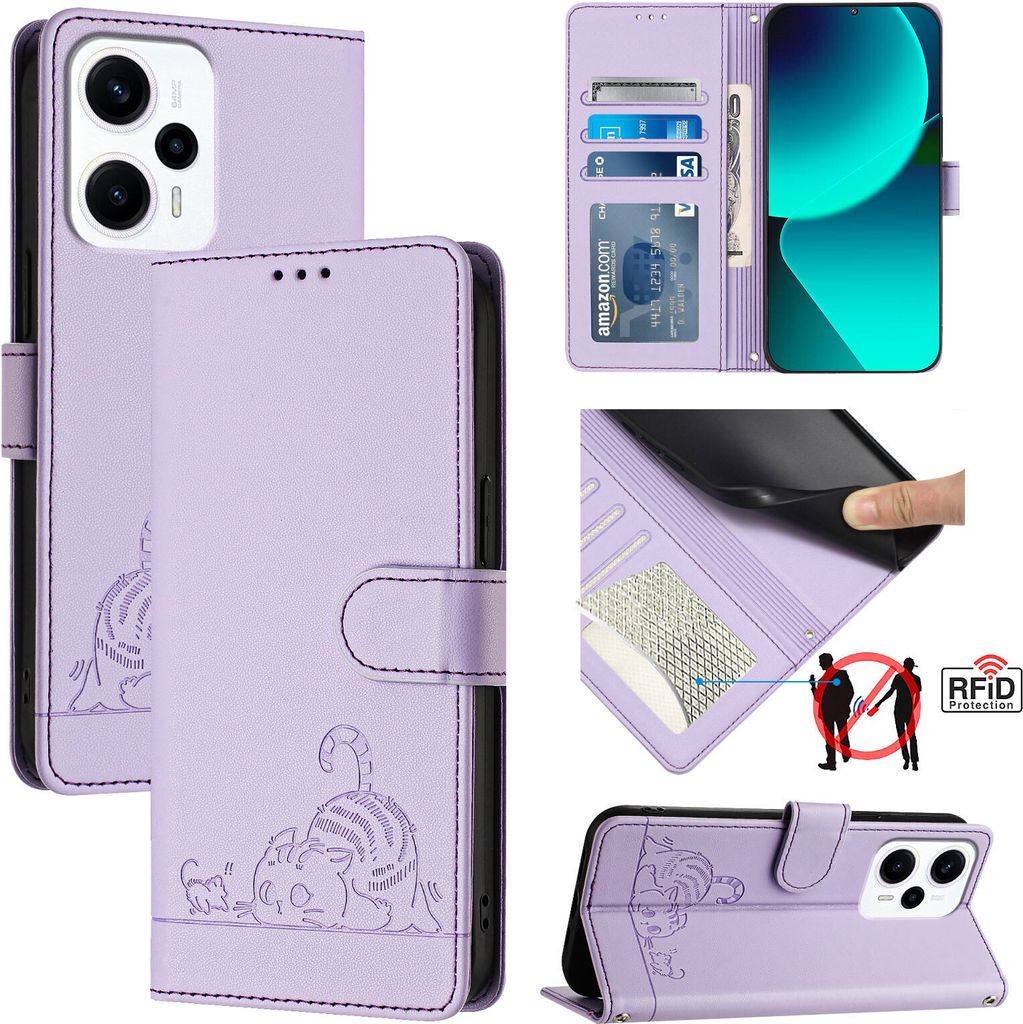 Leder Hülle für Xiaomi Poco X4 GT Süße Katze Flip Case Brieftasche Schutzhülle mit Standfunktion Lila
