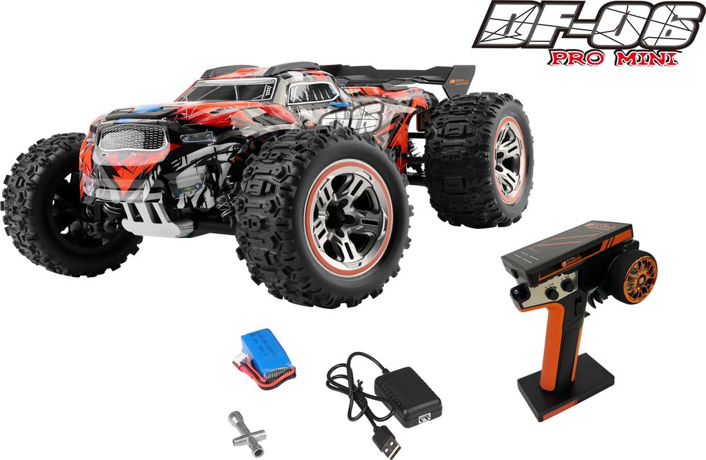A remote-controlled truck and its accessories are displayed on a white background.