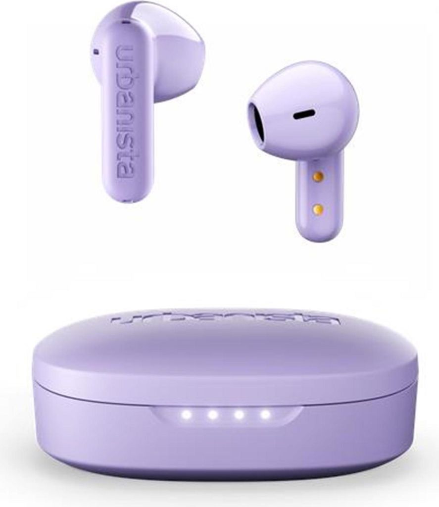 A pair of violet wireless earbuds and their charging case are displayed against a white background.