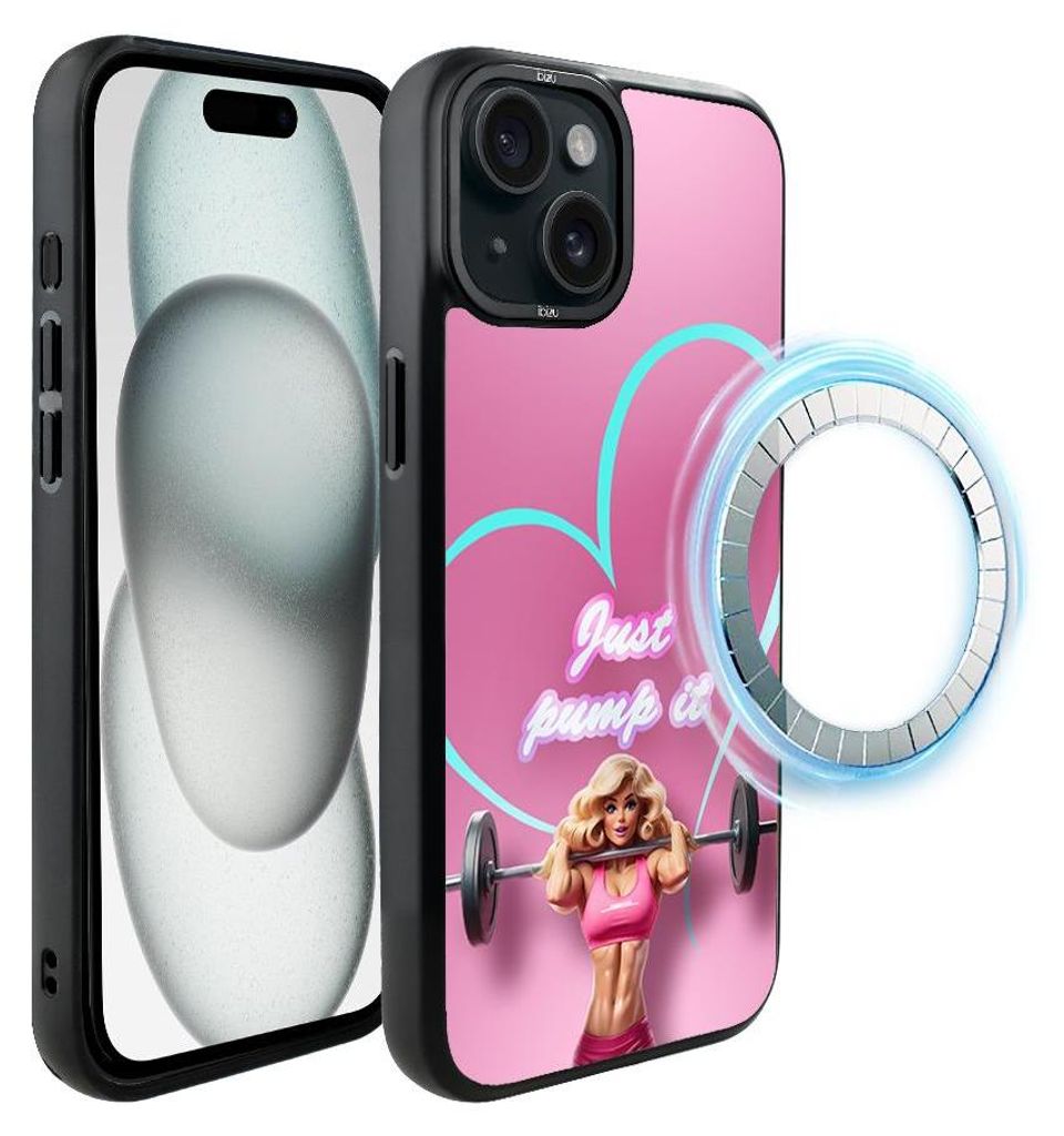 Schutzhülle für das iPhone 15 Plus, MagSafe-kompatibel, mattschwarze Seiten, Barbie mit Hantel