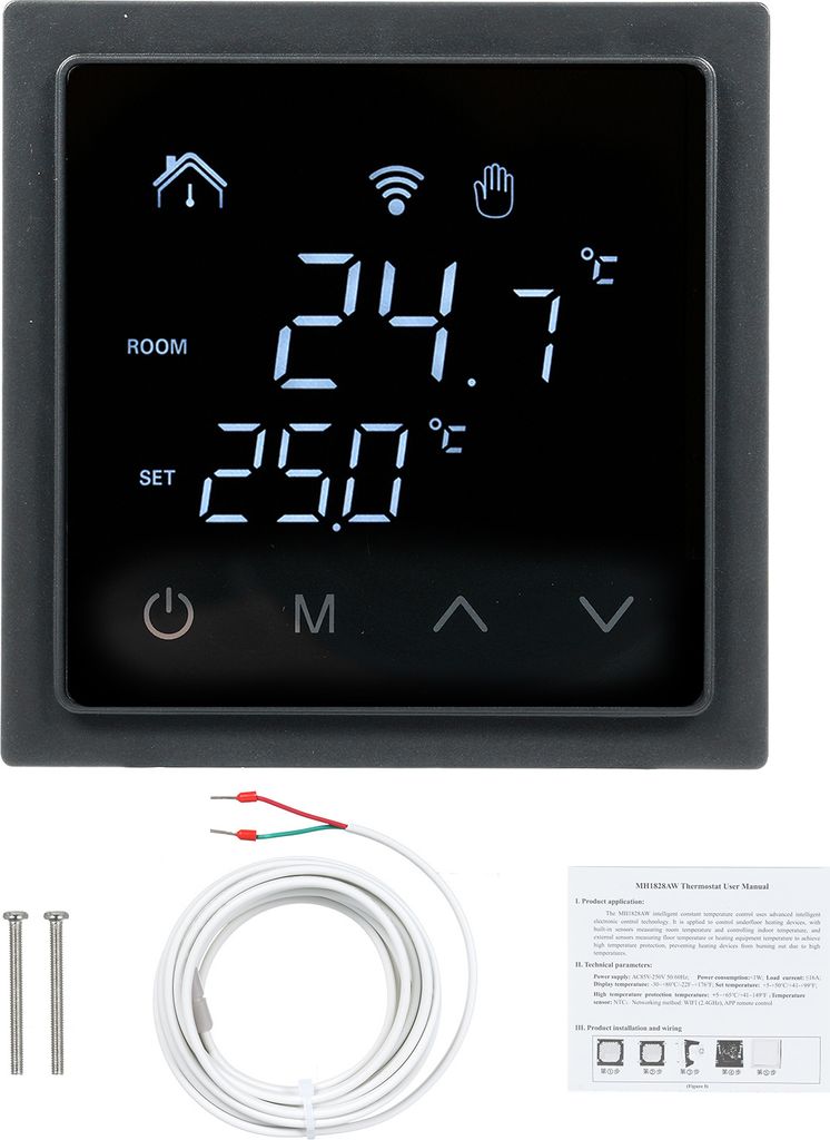 Smart Wifi Thermostat 16A Raumthermostat für Fußbodenheizung Elektrische Heizung Temperaturregler, APP-Steuerung, LED-Touchscreen, Schwarz