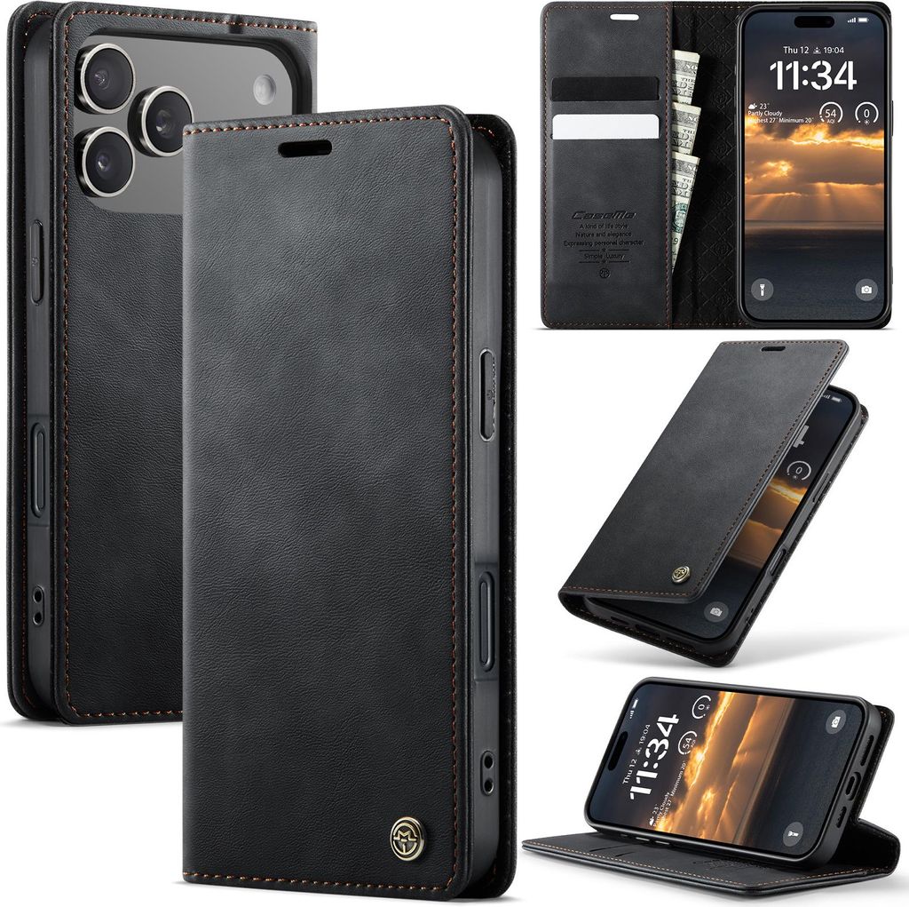Handyhülle für iPhone 17 Pro Max Hülle Leder mit RFID Schutzhülle Klapphülle Magnet Kartenfach Standfunktion Schwarz