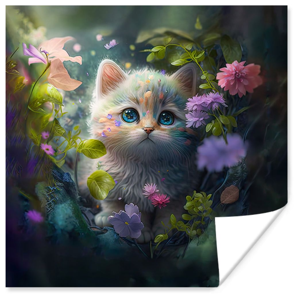 MuchoWow Poster Kätzchen - Blumen - Wald - Illustration - Katze 100x100 cm - Babyzimmer
