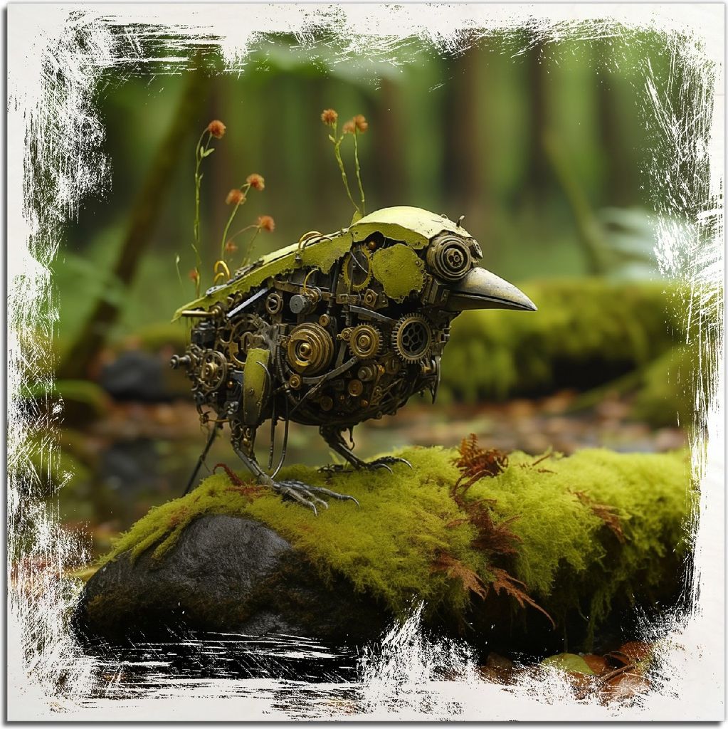 Kunstdrucke Wandbilder Holz in : Brillante Farben, Größe 50 x 50 cm Motiv Mechanischer Waldvogel