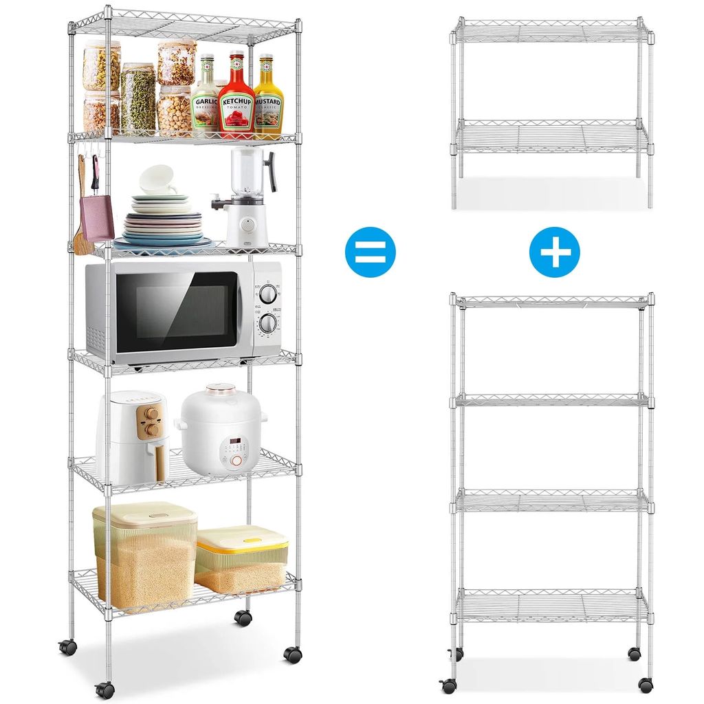 A multi-shelf metal storage unit with various kitchen items on its shelves, shown next to two smaller shelf units and mathematical symbols.