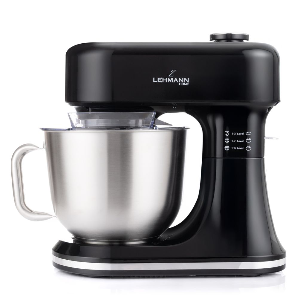 A black Lehmann Home stand mixer with a stainless steel bowl, displayed against a white background.