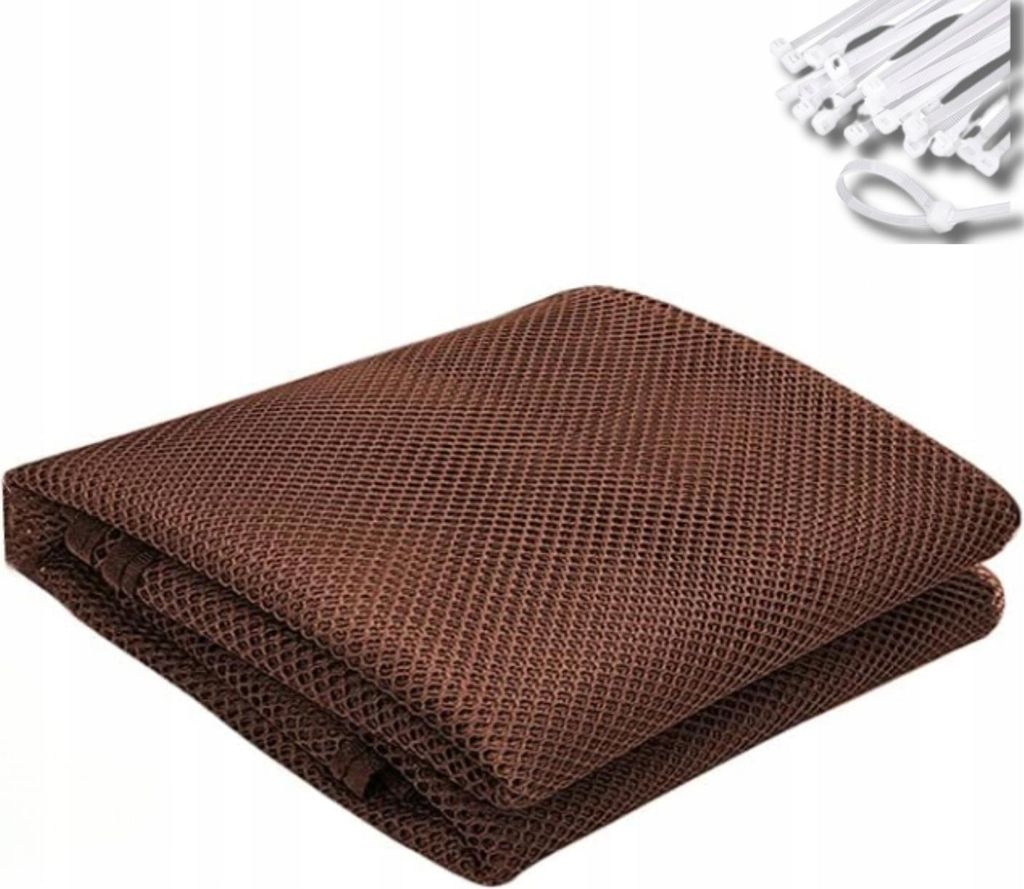 A folded brown mesh safety net with white ties in the upper right corner, set against a white background.