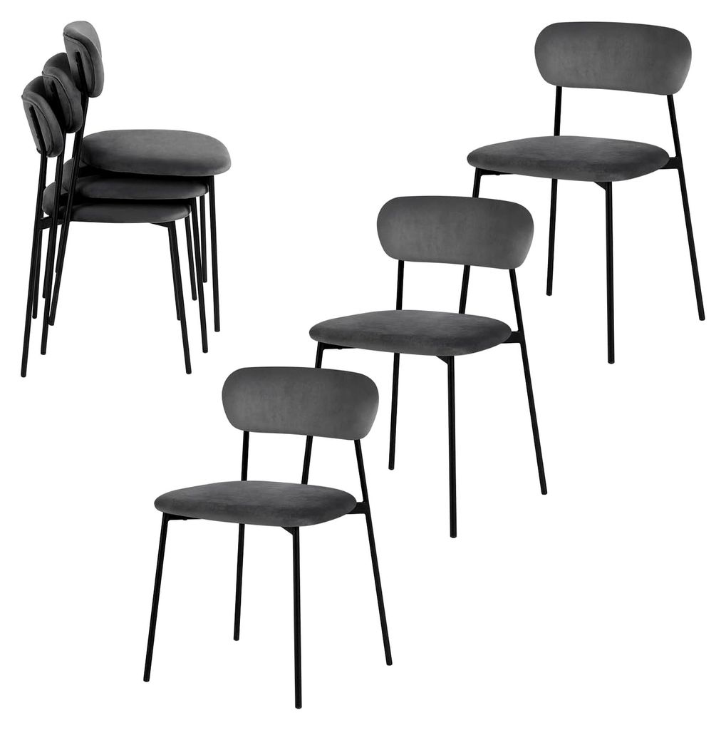 Esszimmerstühle 6er Set, Küchenstühle, Polsterstuhl für Esszimmer, Küche und Wohnzimmer, Metallbeine, Samtsitz in Dunkelgrau