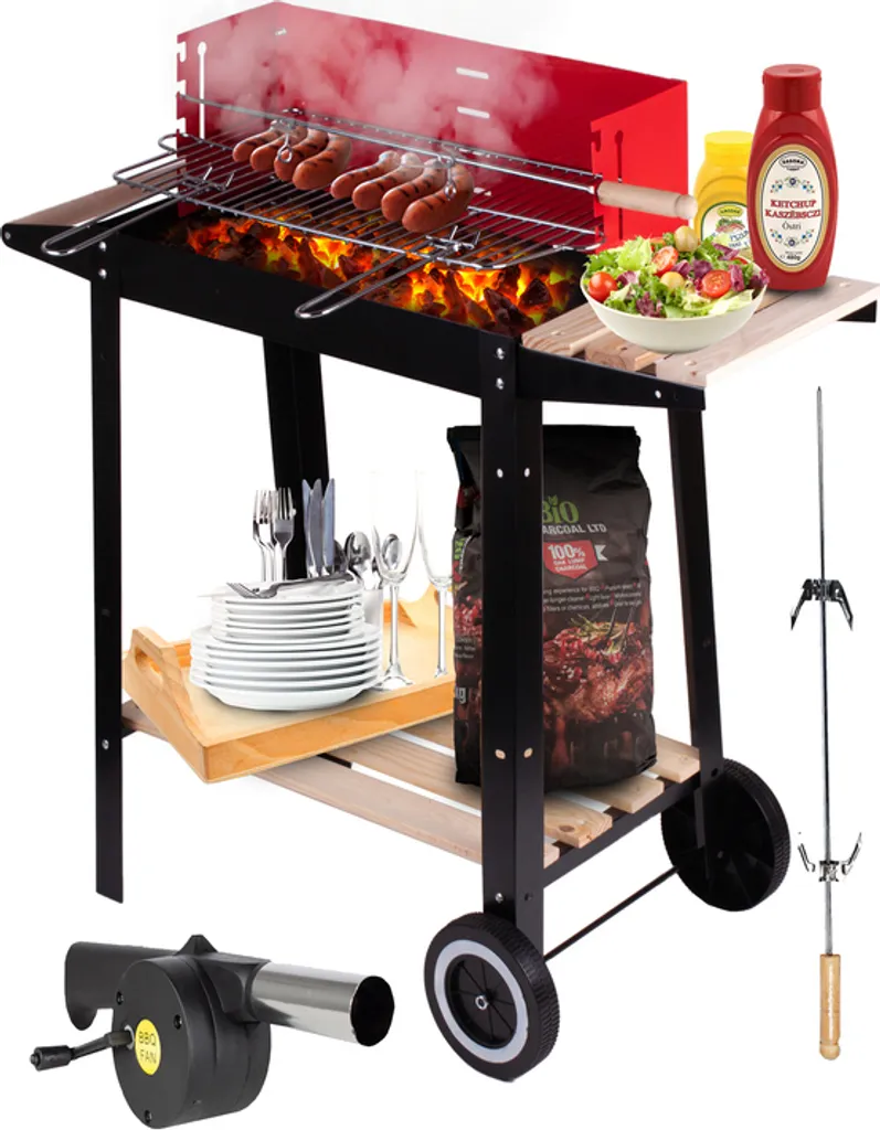 Barbecue sur pied à charbon de bois mobile avec étagères de rangement