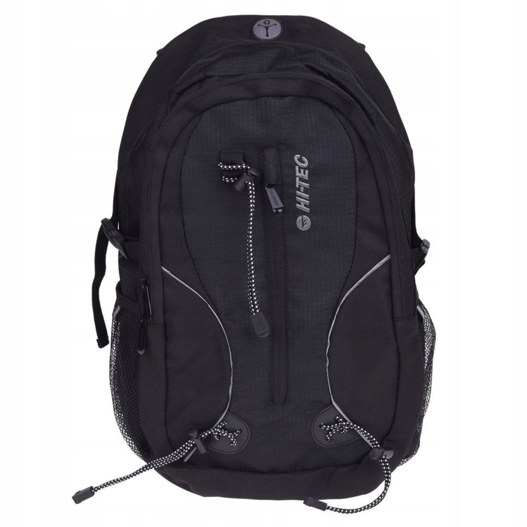A black backpack is shown against a white background.