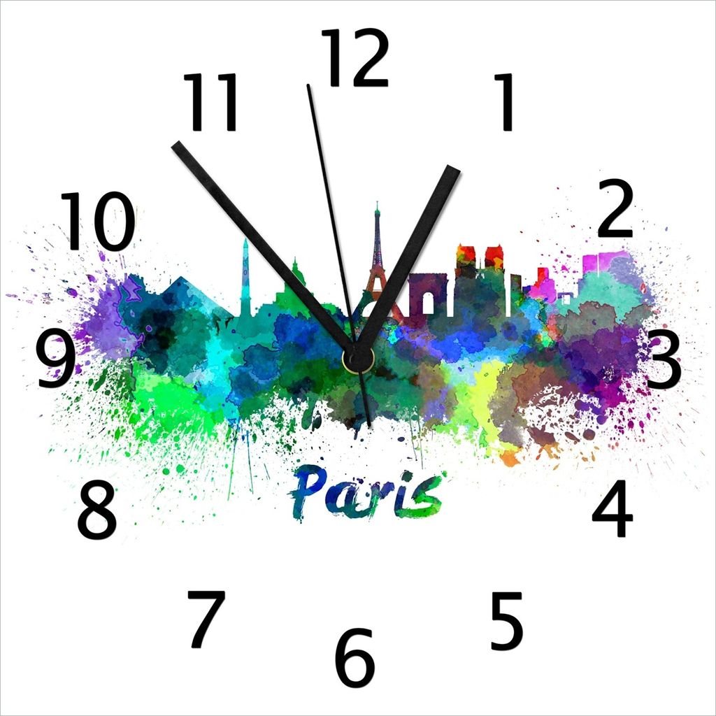 Wallario Design Wanduhr Städte als Aquarell - Skyline von Paris aus Echtglas, Größe 30 x 30 cm