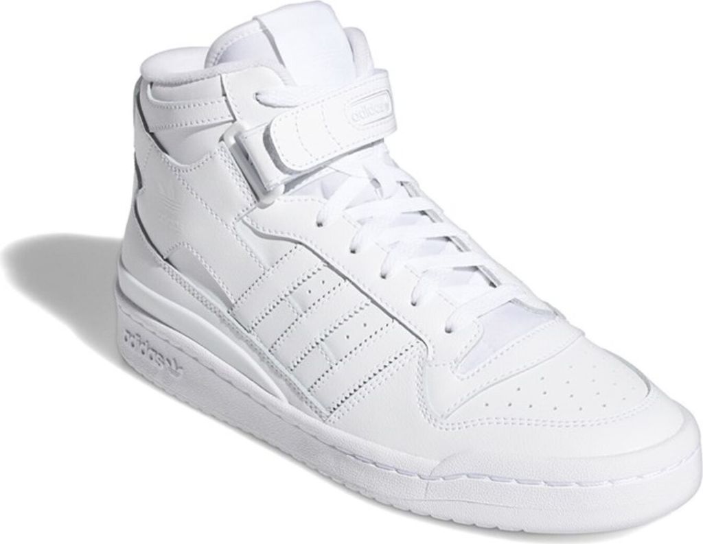 A white Adidas Forum Mid sneaker is shown against a white background.