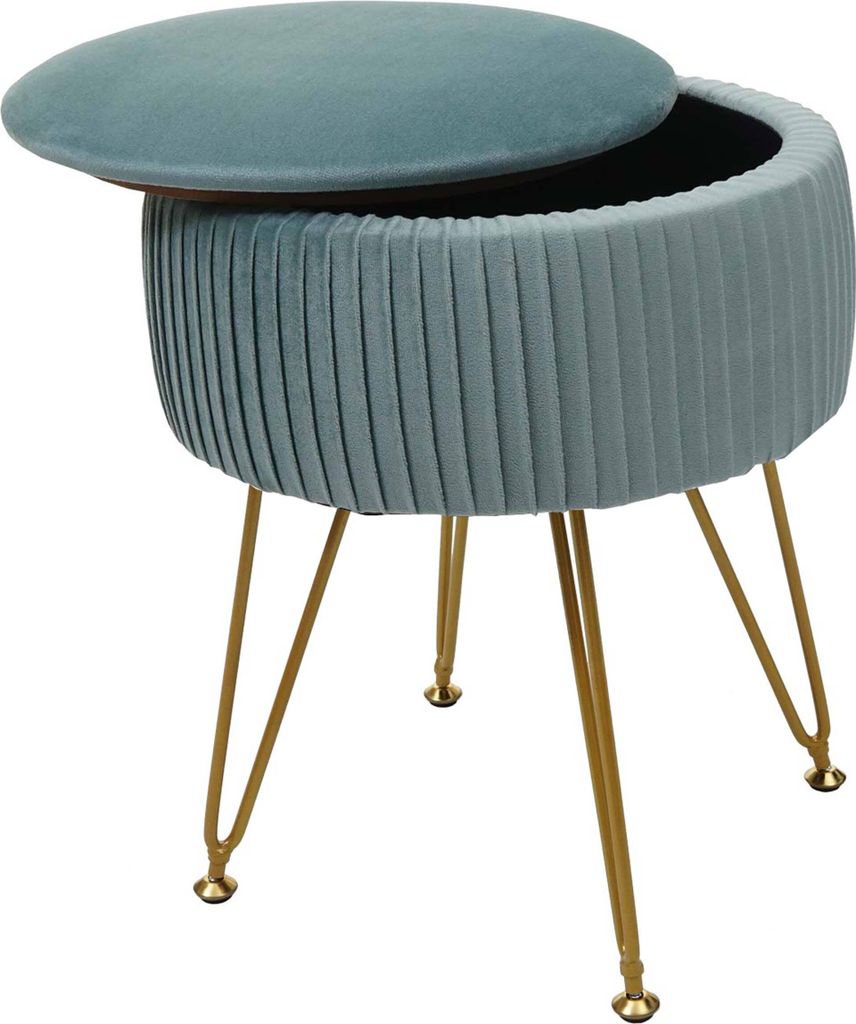 Sitzhocker HWC-K47, Hocker mit Staufach, Ø 33cm, Samt-Optik - grün, Gestell gold