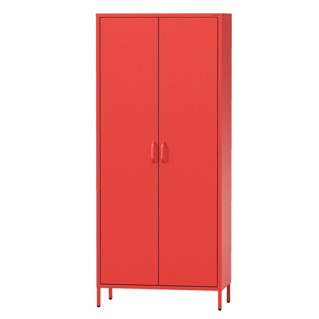 A red metal wardrobe with two doors standing upright against a white background.