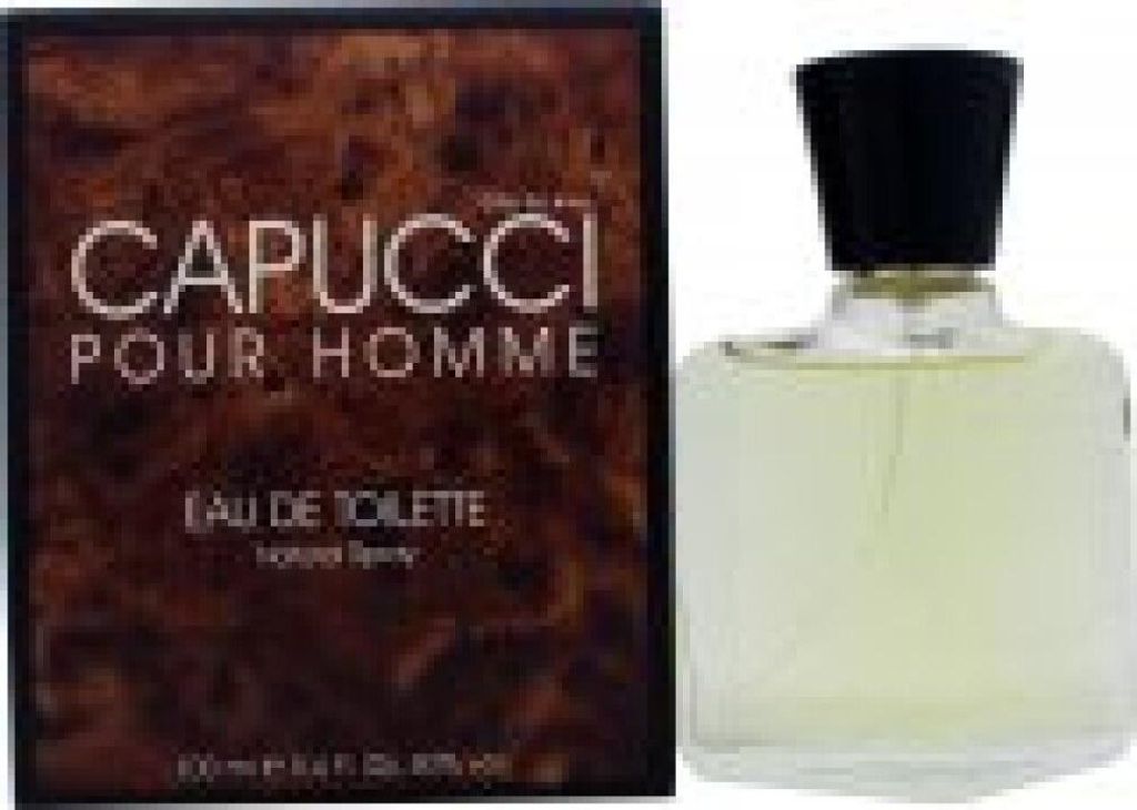 A bottle of Capucci Pour Homme Eau de Toilette and its packaging are shown against a white background.