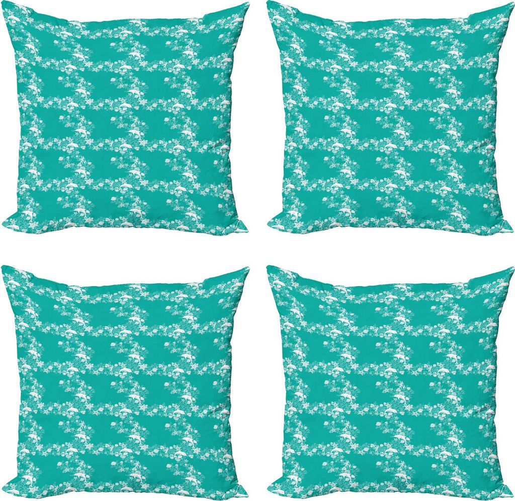 ABAKUHAUS Fisch Kissenbezug Set (4 Stück), Dolphins mit Seesterne, Moderner Doppelseitiger Digitaldruck, 45 cm x 45 cm, Türkis Weiß