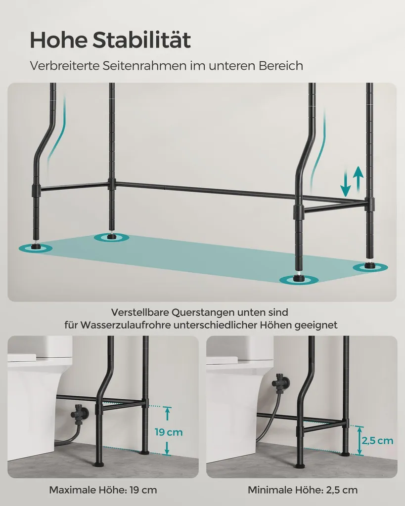 Étagère toilettes 4 niveaux avec tablettes ajustables en métal noir robuste - 6