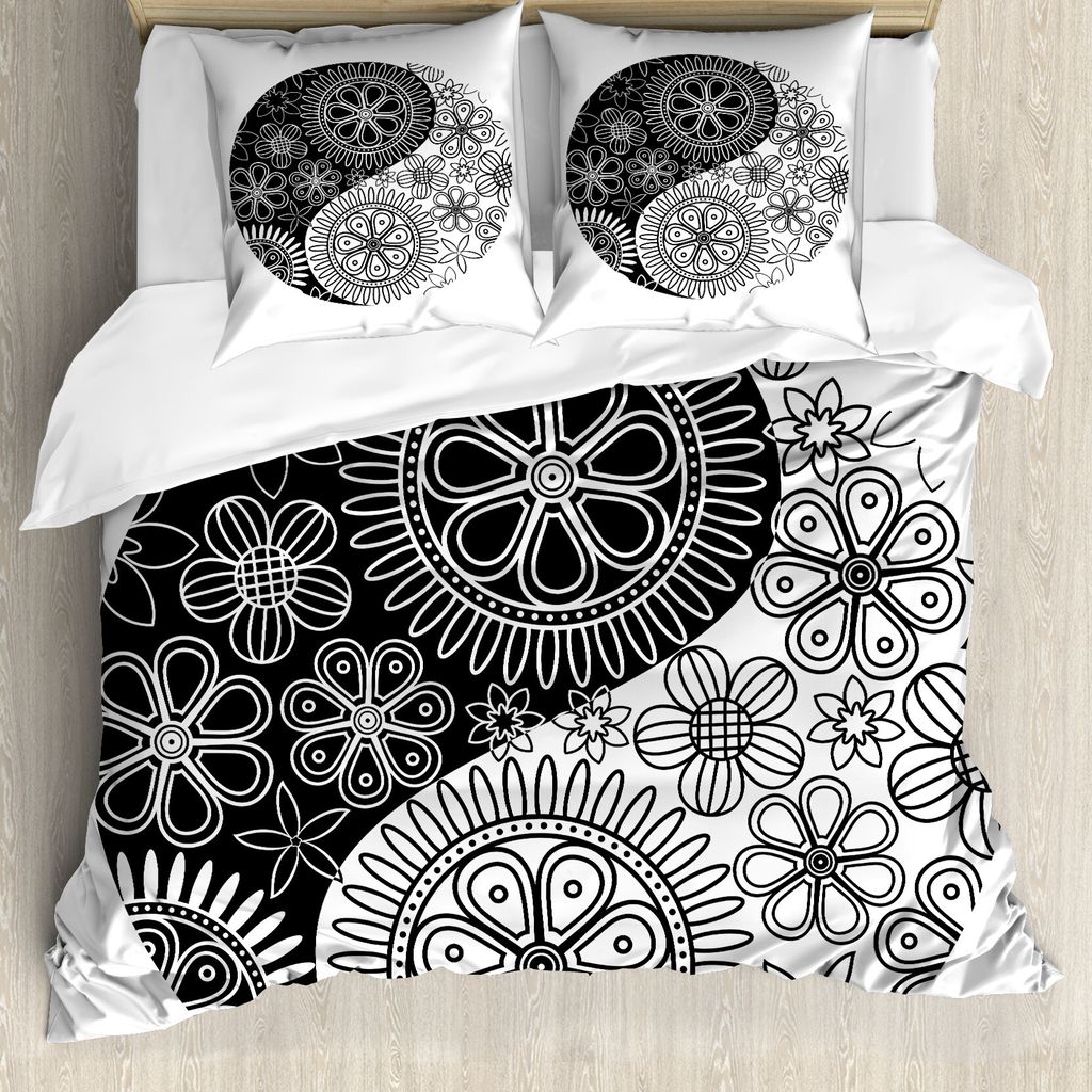 ABAKUHAUS Ying Yang Bettbezug, Yoga Art Harmony, Milbensicher Allergiker geeignet mit Kissenbezügen, 155 cm x 220 cm - 80 x 80 cm, Schwarz und weiß