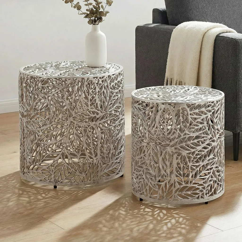 FineBuy Lot de 2 Tables Gigognes Rondes en Aluminium avec Motif Feuilles