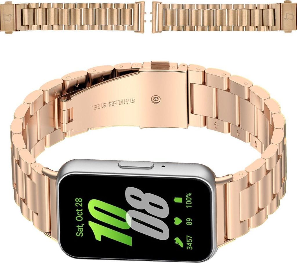 A rose gold metal watch strap is shown attached to a smartwatch.