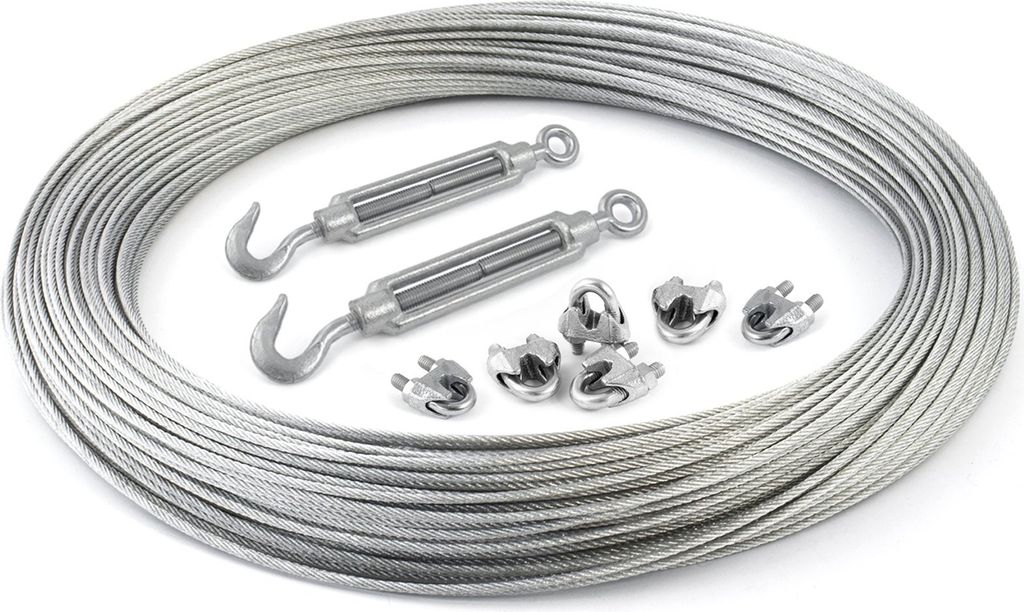 STAHLSEIL + 6 Klemmen + 2 Spannschloss Haken-Ose 8mm 5 Meter 6x19 Seil Seile Drahtseil DIN verzinkt