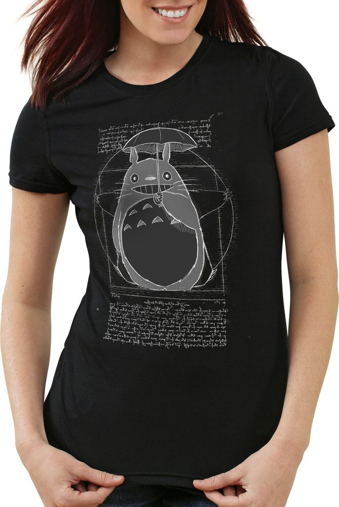 style3 Vitruvianischer Totoro Damen T-Shirt neko mein nachbar anime tonari no, Farbe:Schwarz, Größe:2XL