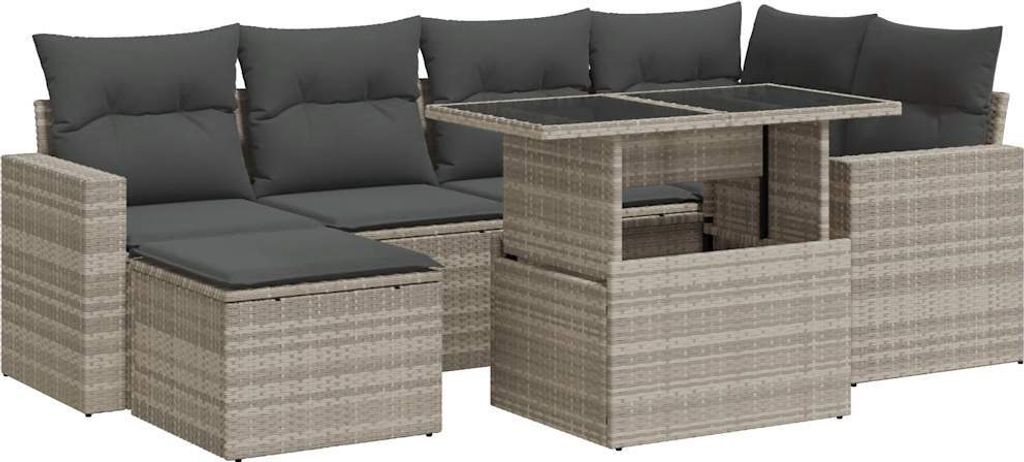 7-tlg. Garten-Sofagarnitur mit Kissen Hellgrau Poly Rattan