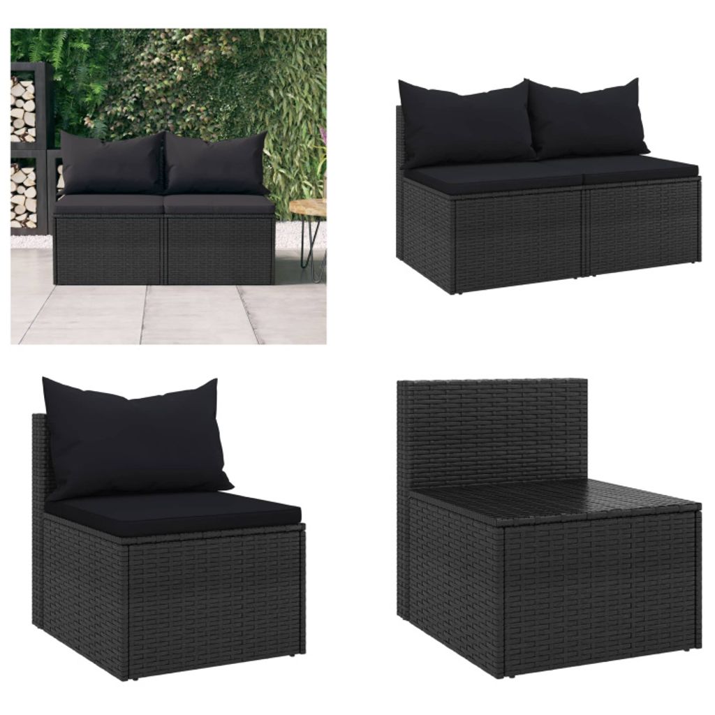 vidaXL Garten Mittelsofas mit Kissen 2 Stk. Schwarz Poly Rattan - Garten Mittelsofa - Garten Mittelsofas - Sofa - Gartenmöbel