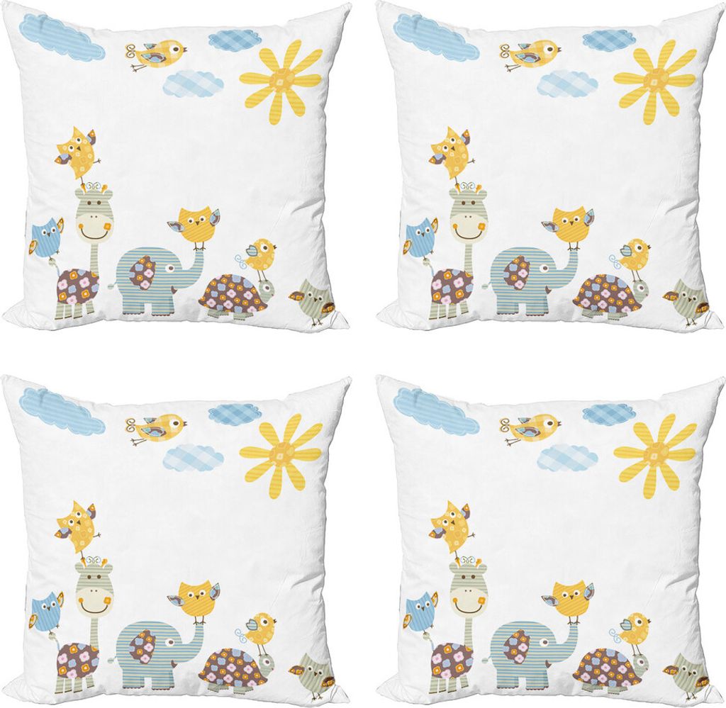 ABAKUHAUS Kindergarten Kissenbezug Set (4 Stück), Jolly Jungle Creatures, Moderner Doppelseitiger Digitaldruck, 45 cm x 45 cm, Hellgrün Blassblau
