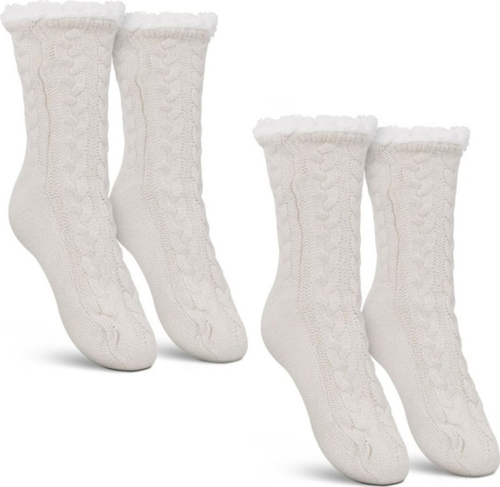 Haussocken (Weiß / 2 Paar) Damen mit Teddyfutter - Hüttensocken mit Anti-Rutsch-Sohle - ABS Norweger Socken Zopfmuster - Kuschelsocken Einheitsgr...
